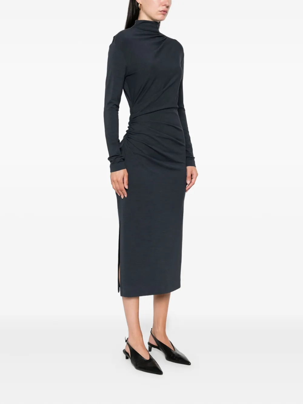 Brunello Cucinelli high-neck gathered midi dress Blauw