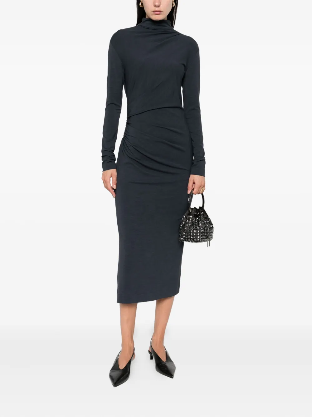 Brunello Cucinelli high-neck gathered midi dress Blauw