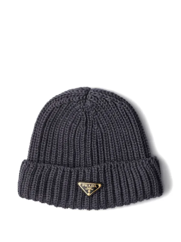 Prada triangle-logo Ribbed Beanie Grey FARFETCH