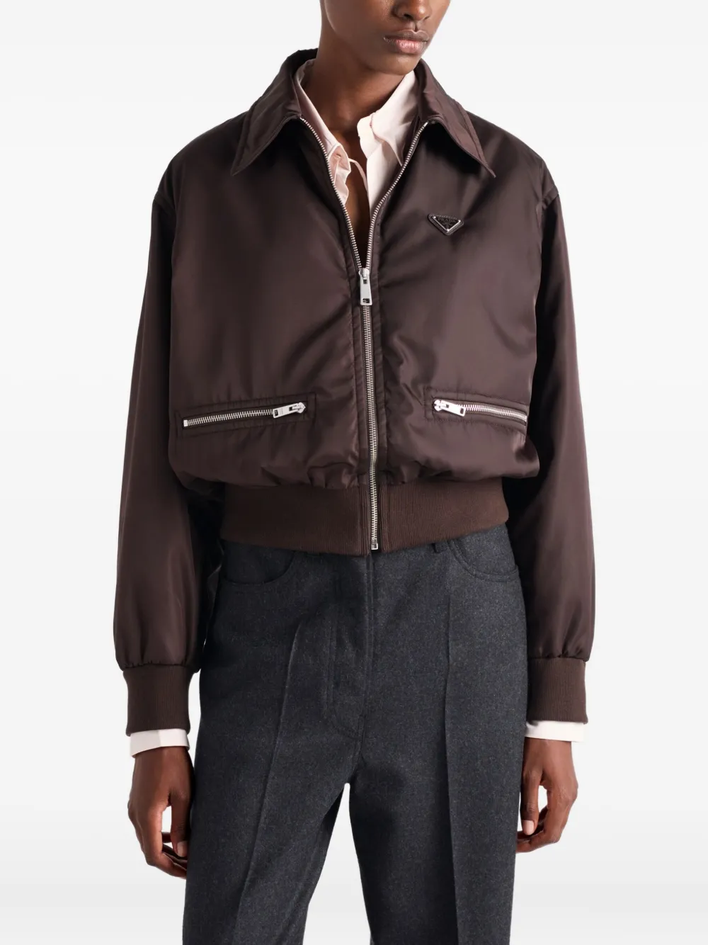 Prada Womens Brown Re-nylon Pointed-collar Blouson Jacket In Burgundy