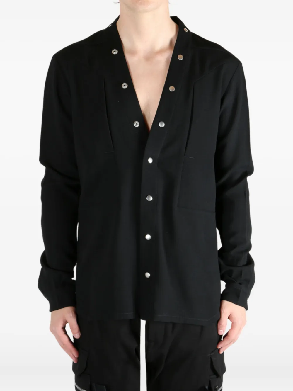 Rick Owens Mens Black Larry Fogpocket V-neck Relaxed-fit Woven-blend Shirt In Black
