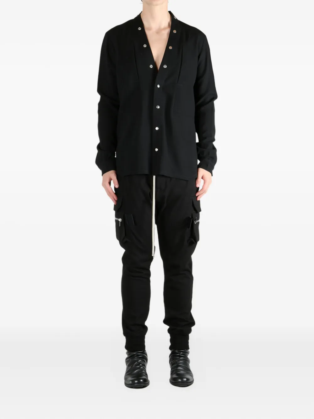 Rick Owens Mens Black Larry Fogpocket V-neck Relaxed-fit Woven-blend Shirt In Black