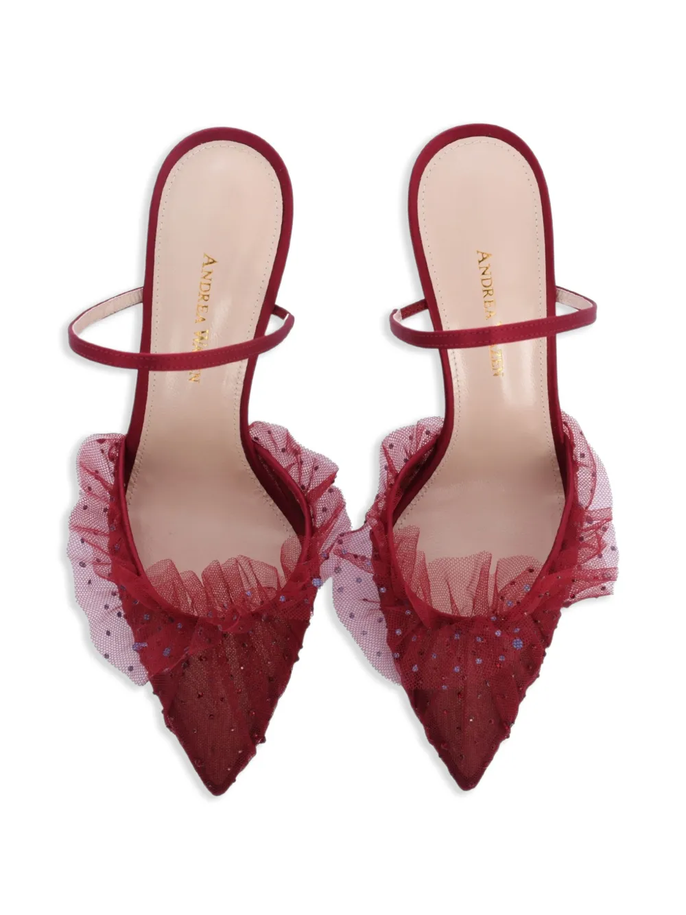 Andrea Wazen 75mm Franca ruffled mules Red