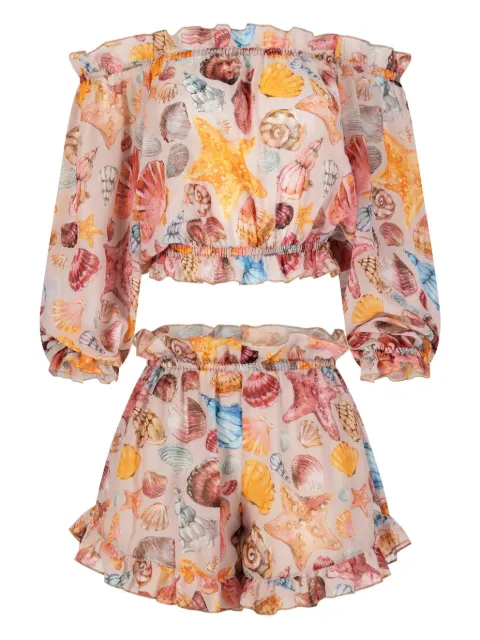 PARAMIDONNA Set da spiaggia con stampa conchiglie e ruches