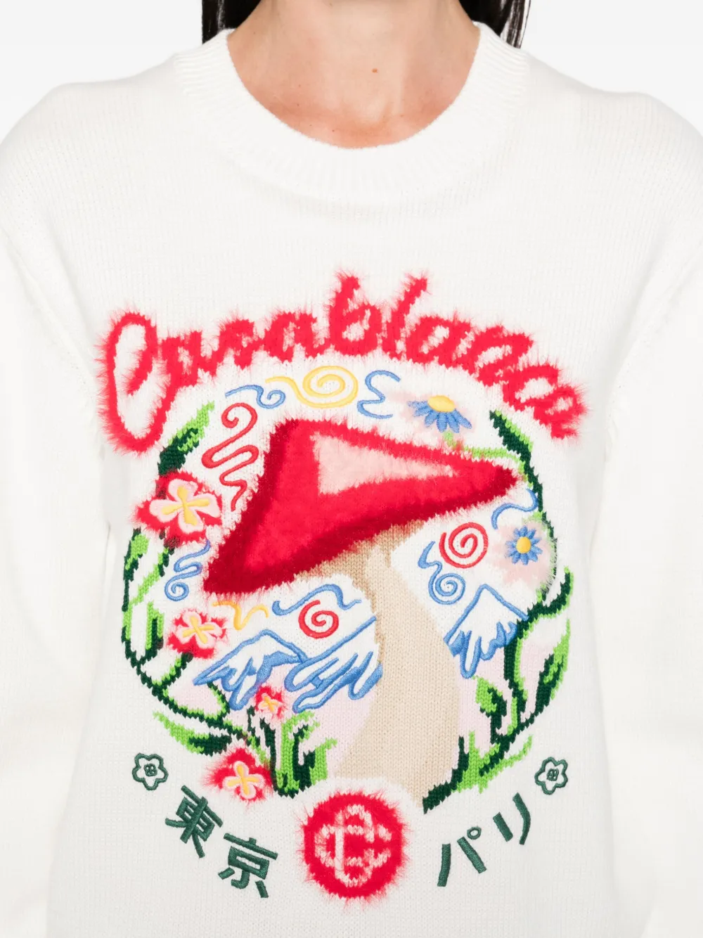 Casablanca Mushroom-embroidered crew-neck sweater Wit