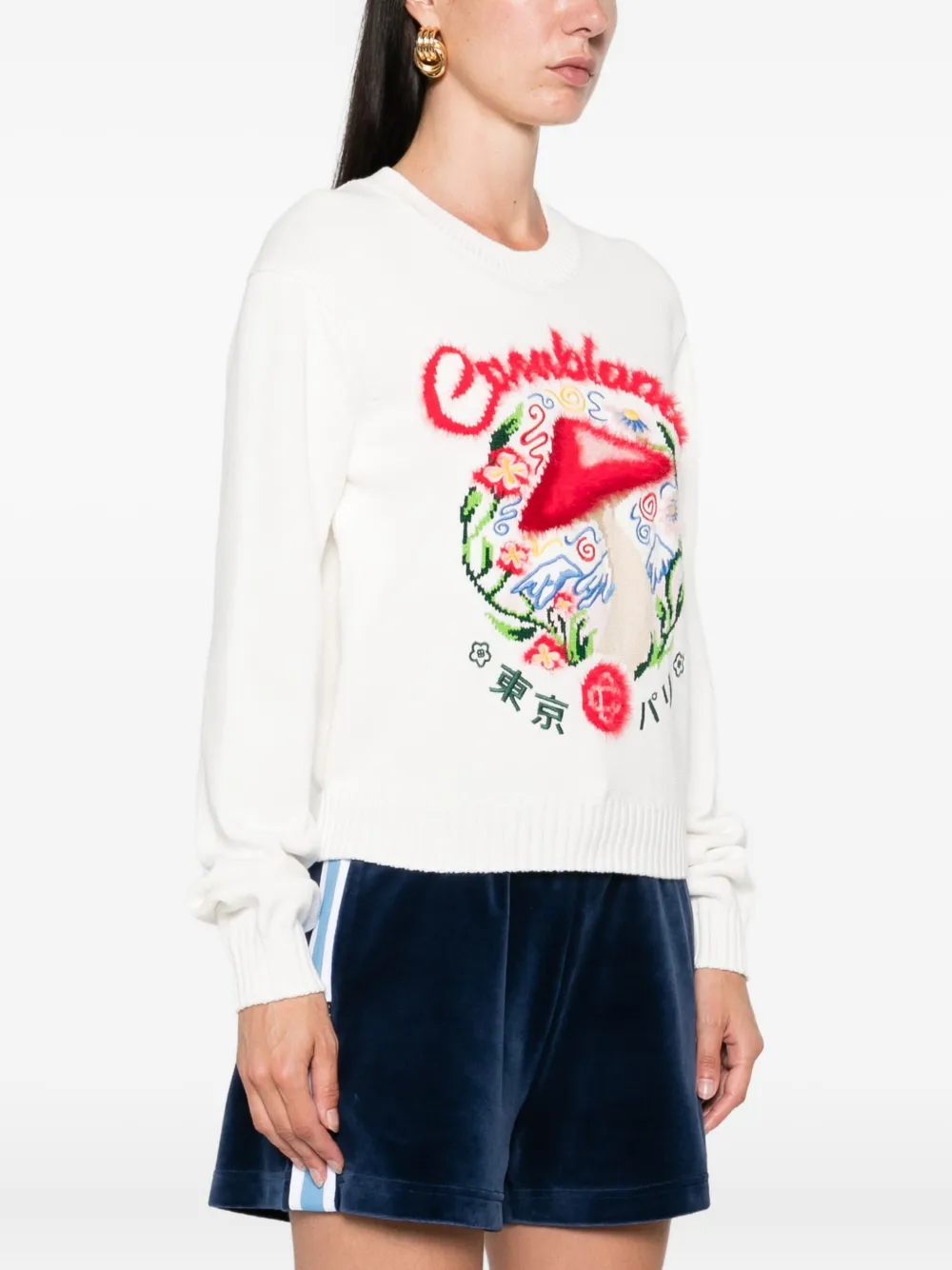 Casablanca Mushroom-embroidered crew-neck sweater Wit