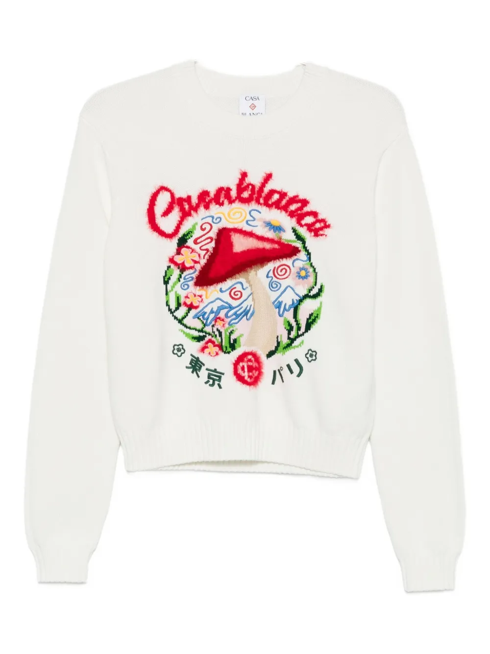 Casablanca Mushroom-embroidered crew-neck sweater Wit