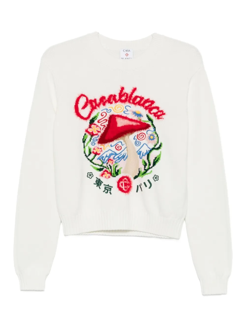 Casablanca Mushroom-embroidered crew-neck sweater Wit