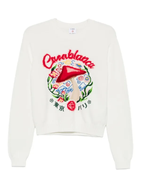 Casablanca Mushroom-embroidered Crew-neck Sweater in White