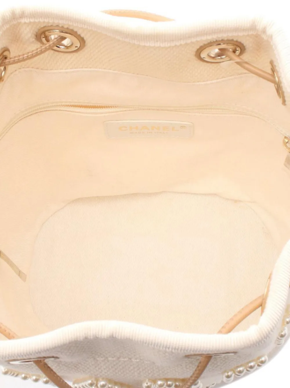 Pre-owned Chanel 2019 Canvas Deauville Pearl Drawstring Bucket Bag