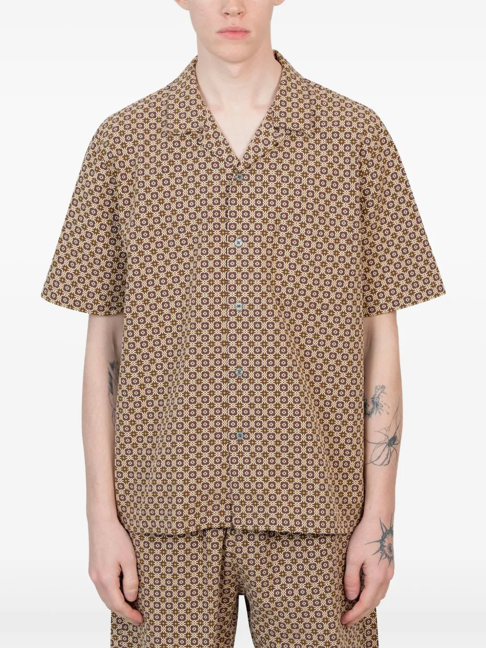 and Wander geometric-print short-sleeve shirt | Brown | Image 1