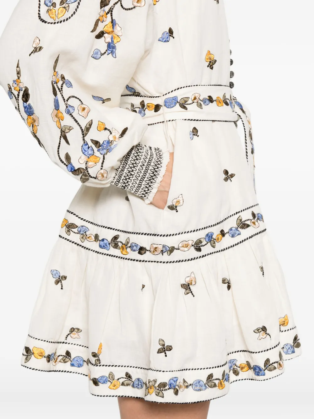 SCARLETT POPPIES Fiucci embroidered belted mini dress Beige