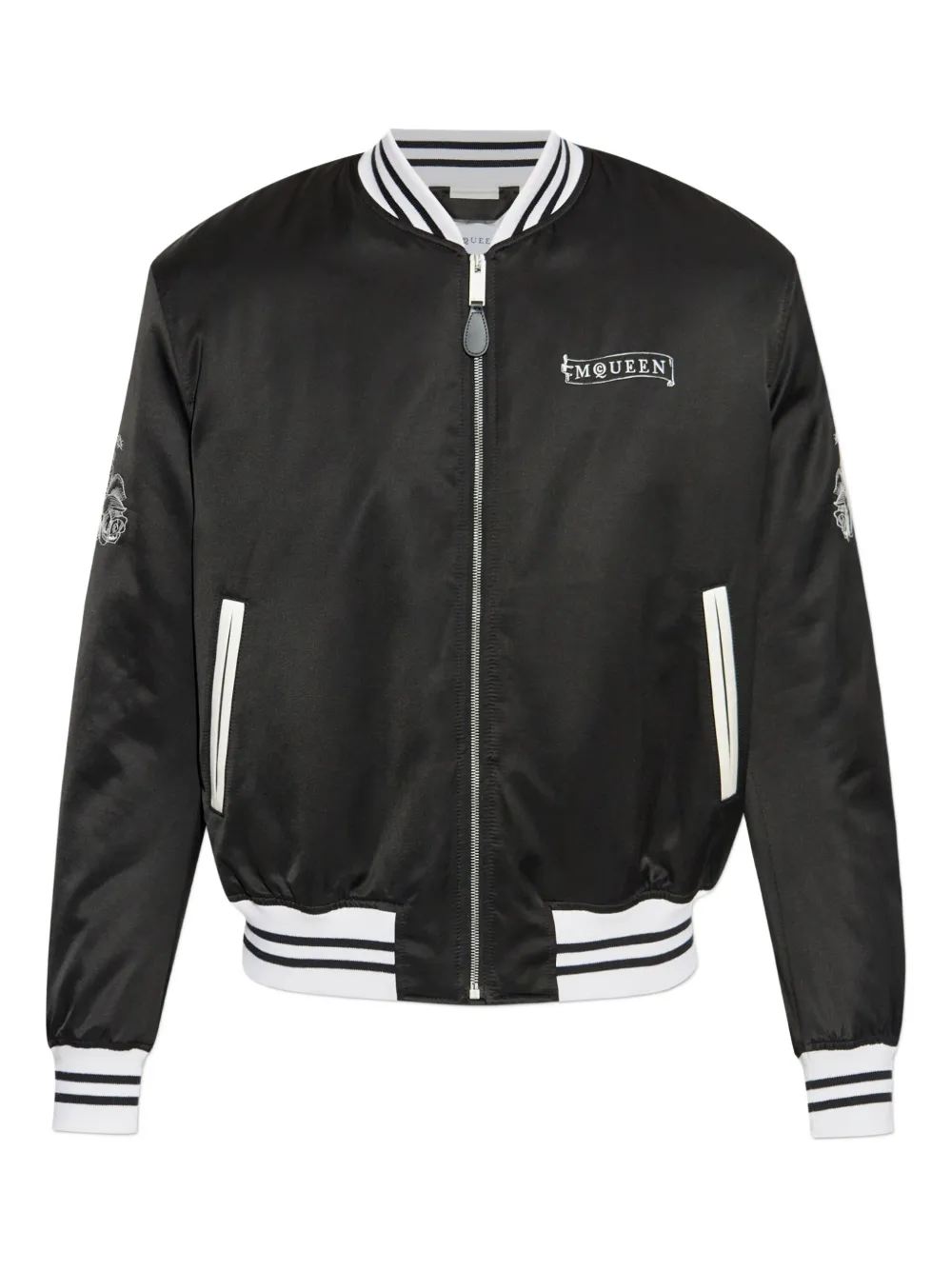 Alexander McQueen rose-embroidery satin bomber jacket Zwart