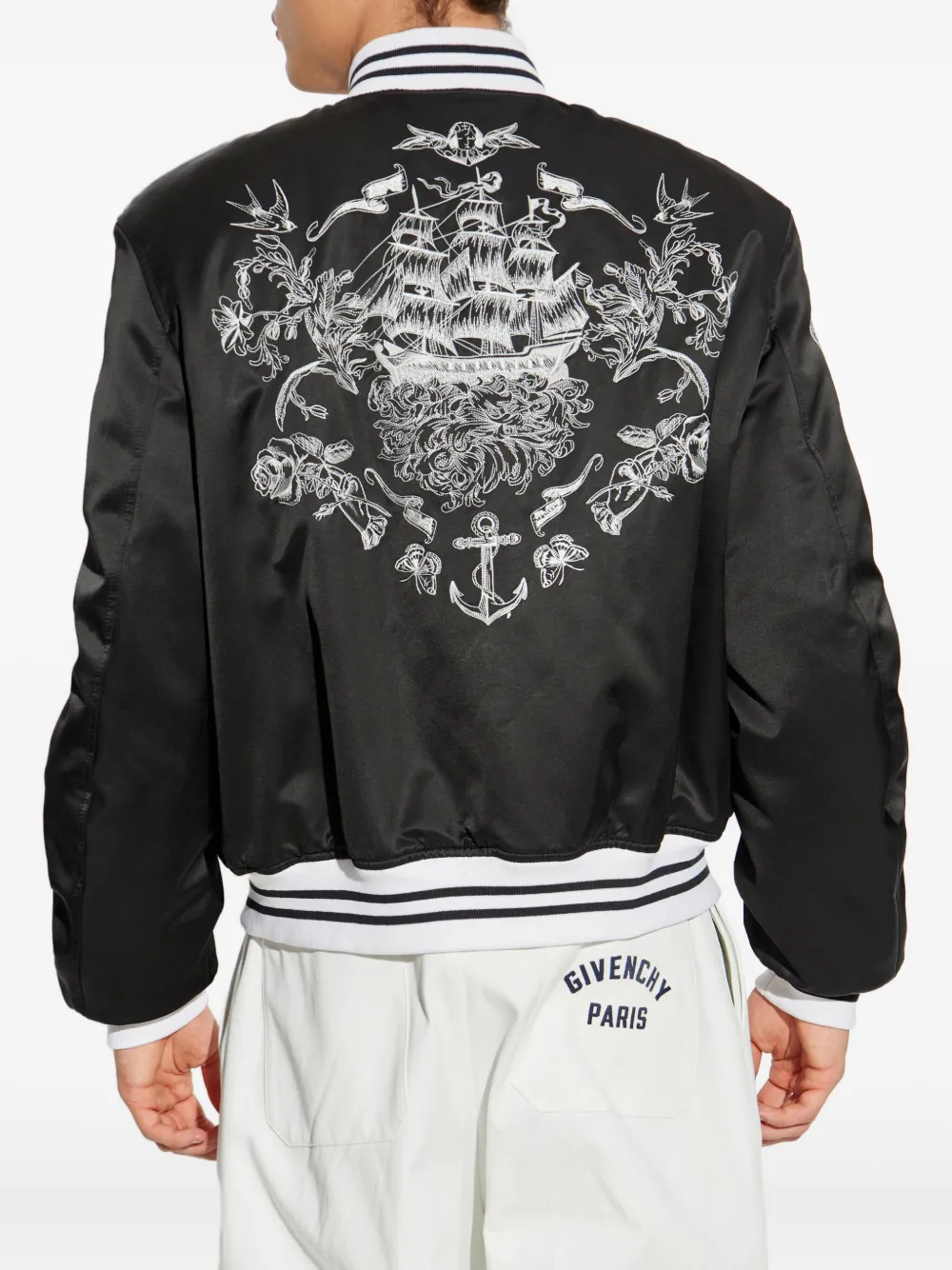 Alexander McQueen Satijnen bomberjack met geborduurde roos Zwart