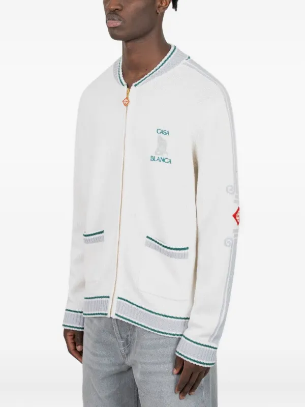 ジャケット [CASABLANCA]White Cotton Blend Jacket Casablanca logo-jacquard zip-up Cardigan | White | FARFETCH UK