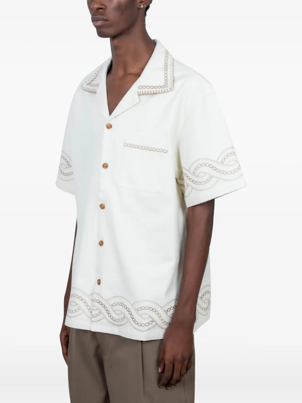 Universal Works chain-embroidered short-sleeve shirt - Beige