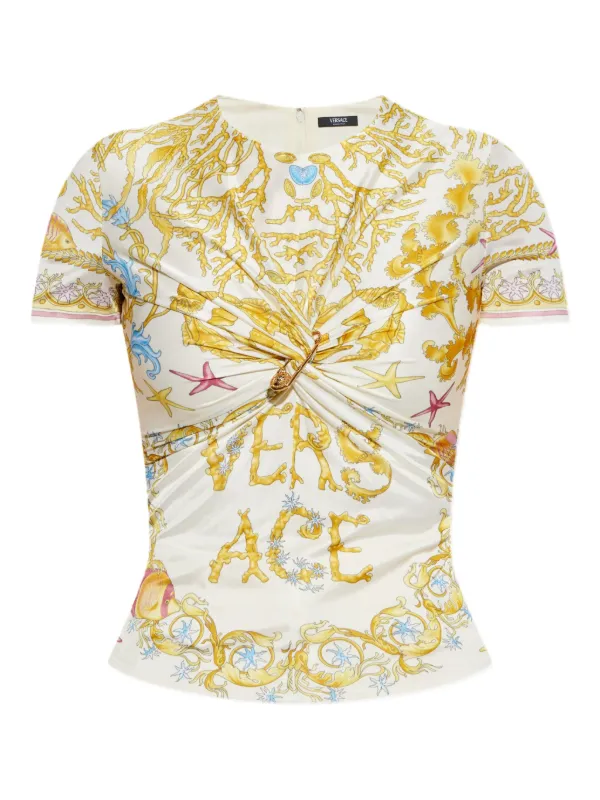 VERSACE - VERSACE ヴェルサーチ メデューサ セーフティーピン装飾 ロゴプリント クルーネック半袖Tシャツカットソー ピンク 1010259 レディース 30958650_60024035_600.jpg