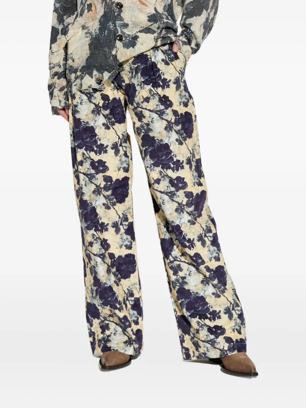 R13 Plooibroek met bloemenprint Blauw
