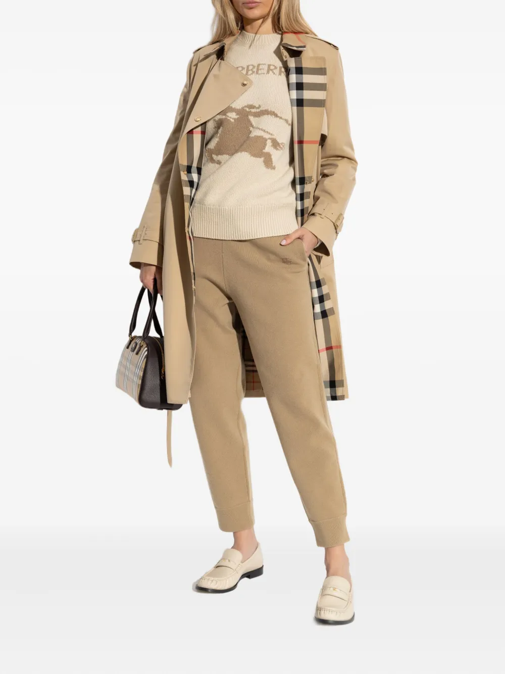 Burberry Jas met geruite kraag en ceintuur Beige