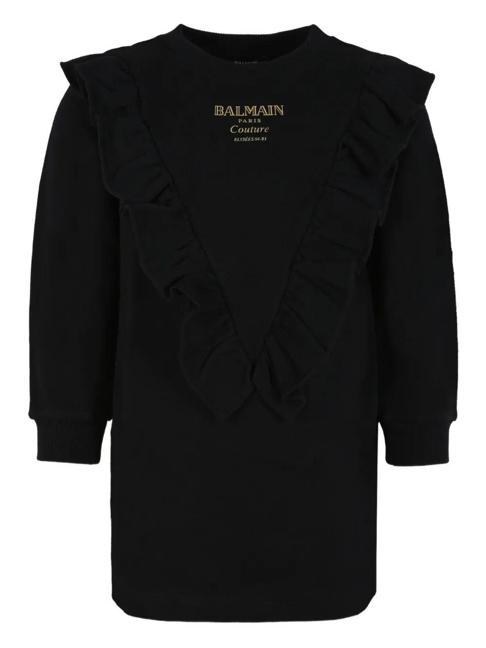 Balmain Kids ruffled-detail logo dress Zwart