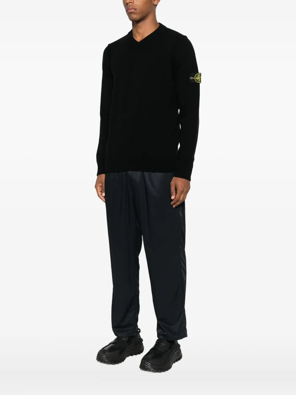 Stone Island v-neck logo-badge sweater Zwart