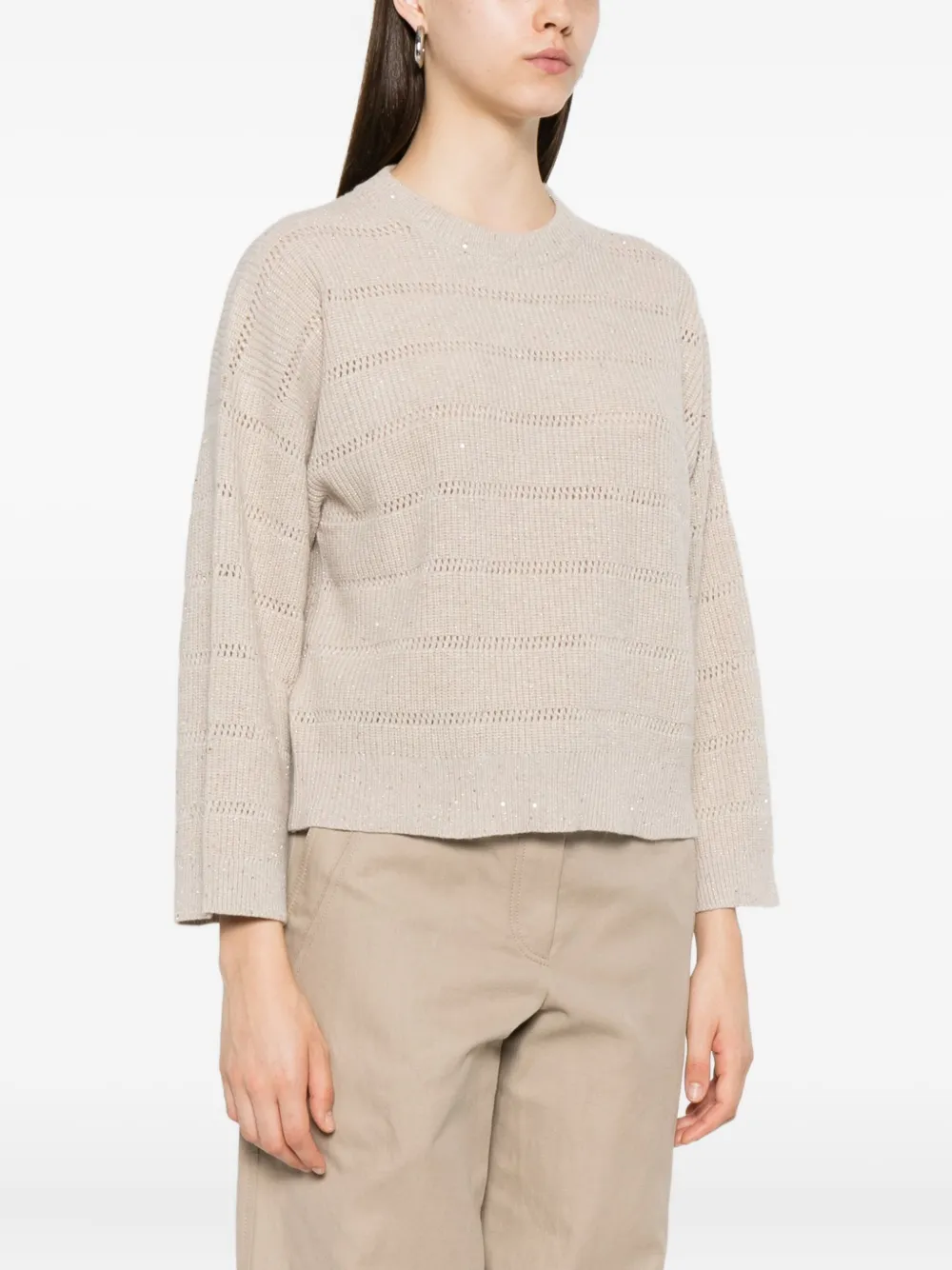 Brunello Cucinelli Gestreepte opengebreide trui Beige