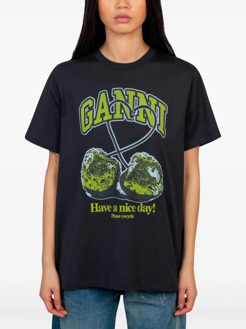 GANNI cherry-print cotton t-shirt | Black | Image 1