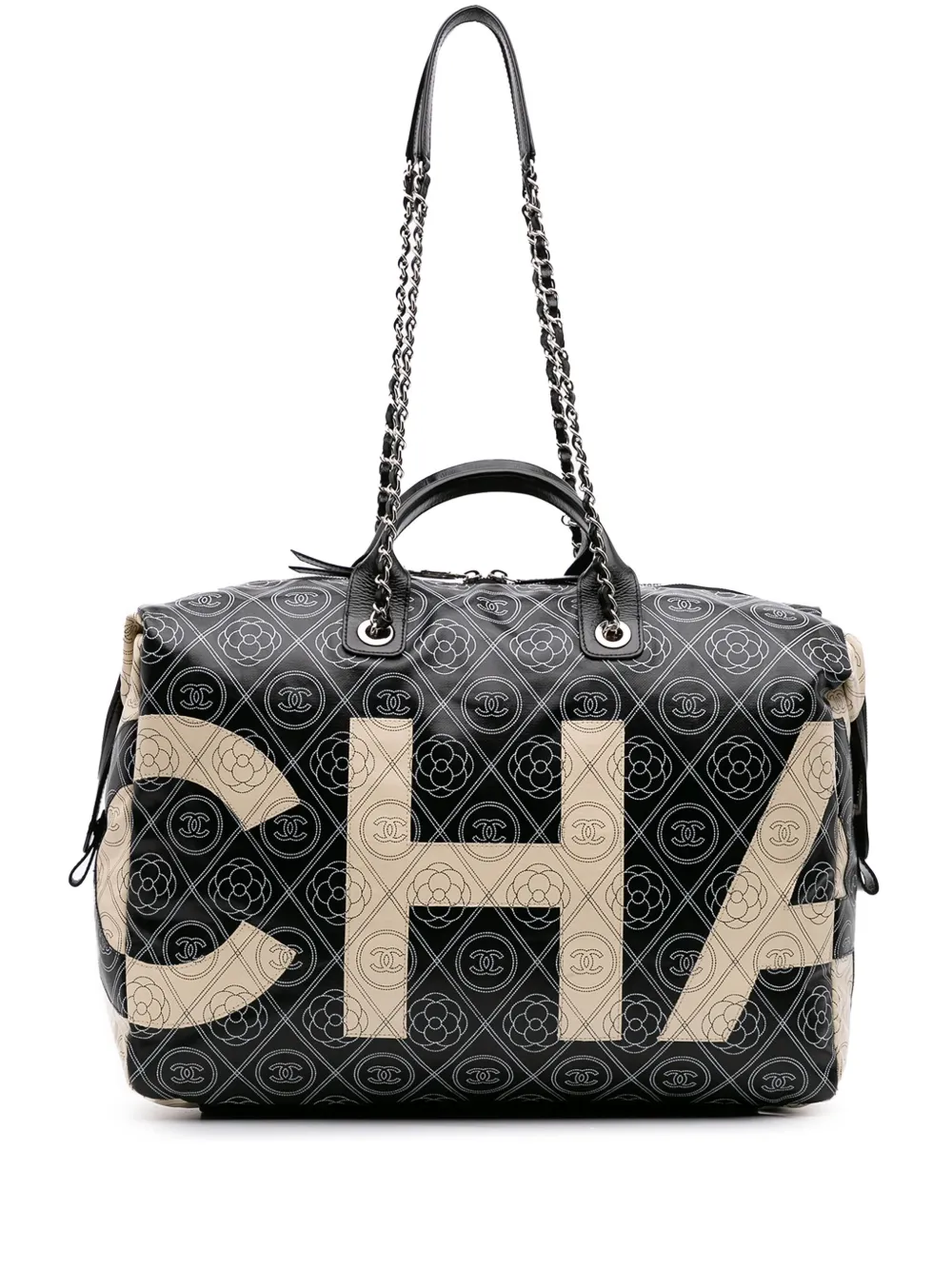 Pre-owned Chanel 2018 Large Coated Canvas Camellia Maxi Logo Bowling Bag Satchel