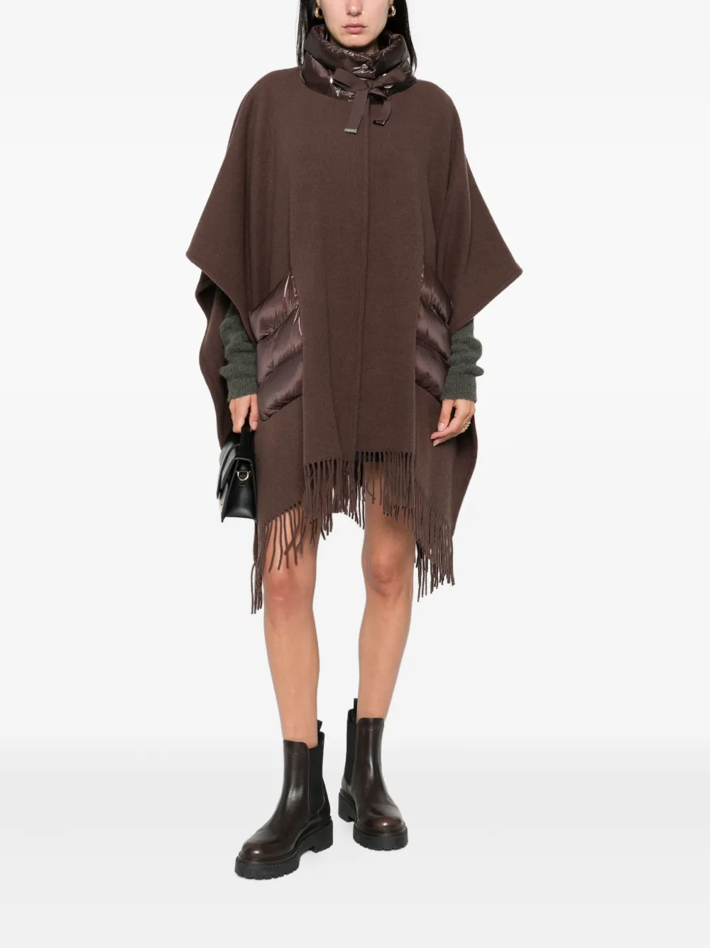Herno Poncho met gewatteerde zak en franje Bruin