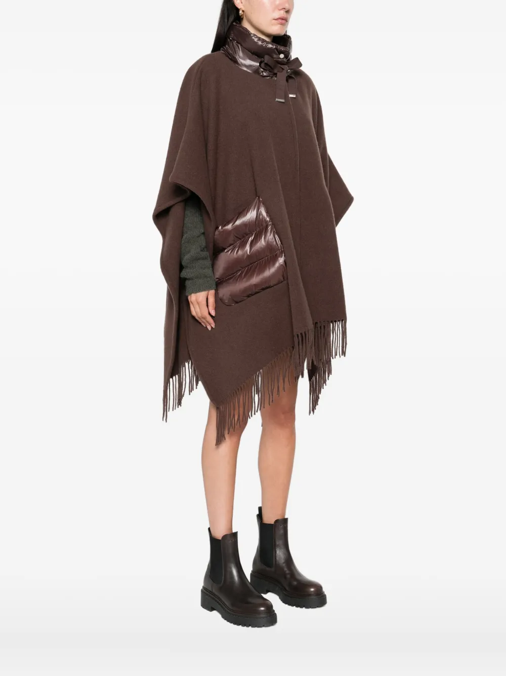 Herno Poncho met gewatteerde zak en franje Bruin