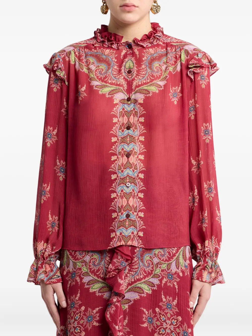 ETRO Blouse met paisley-print en ruches Rood