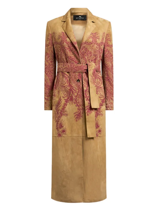 Etro Suede Coat with Placed Print in Brown