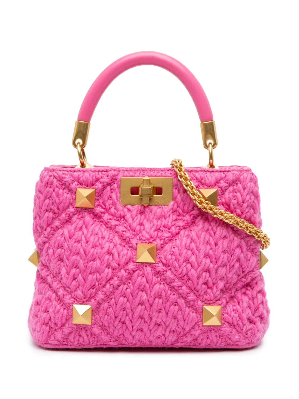 Pre-owned Valentino Garavani 2000-2017 Small Woven Wool Roman Stud The Handle Bag Satchel