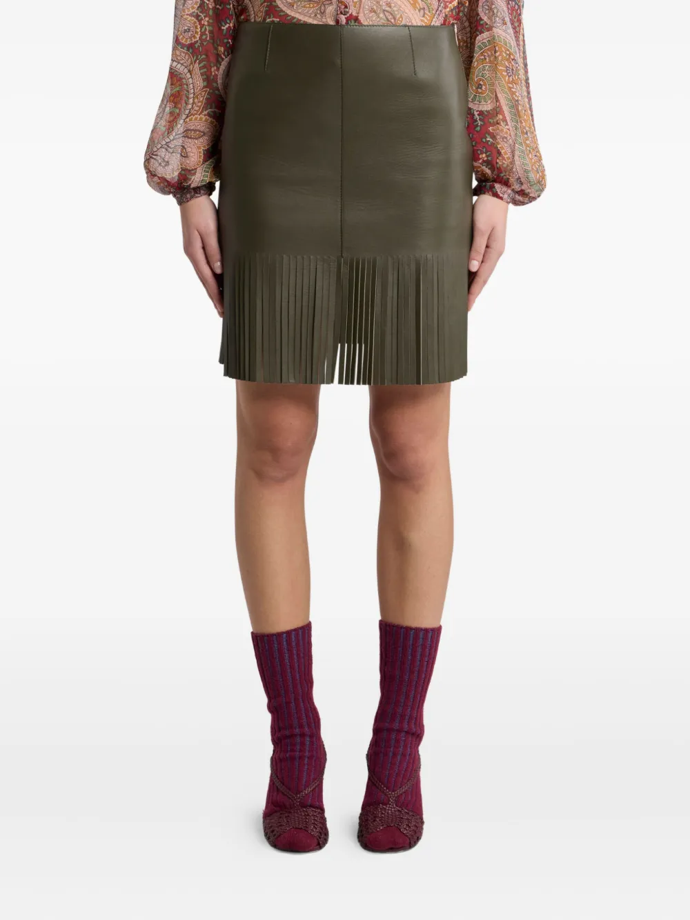 ETRO Leren mini-rok met franje Groen