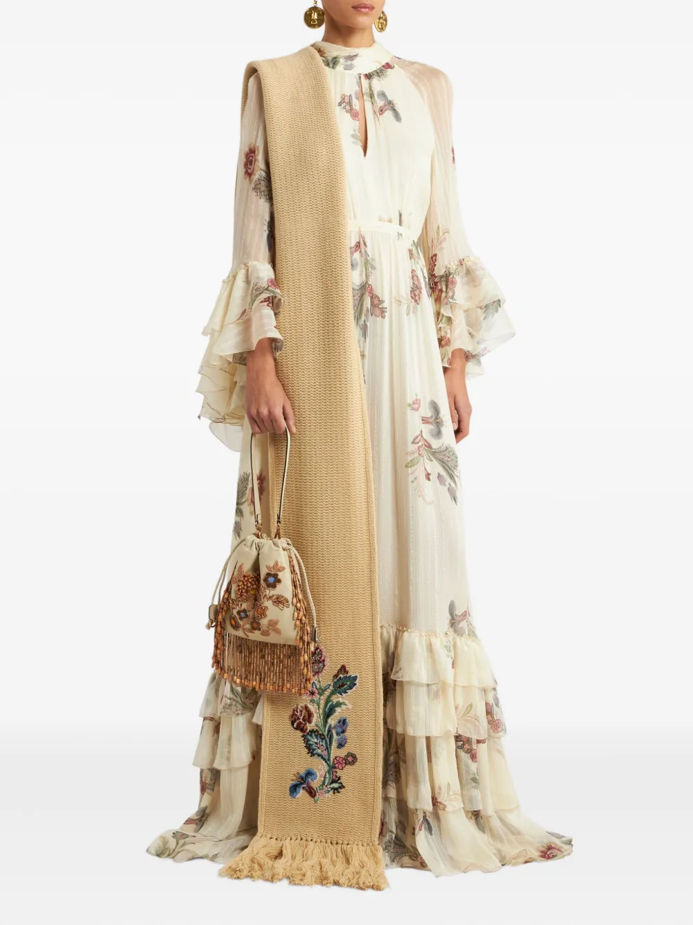 ETRO Zijden jurk met ruches en bloemen Beige