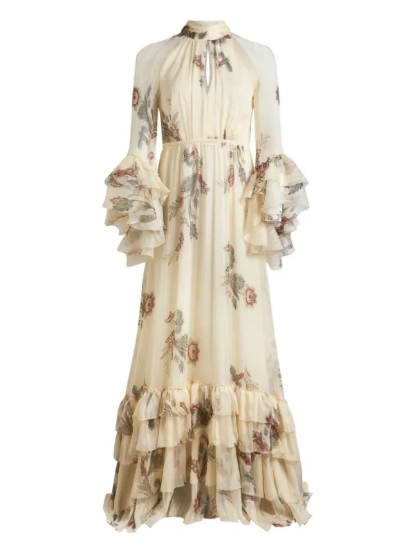 Etro Floral Ruffled Silk Dress in Neutrals
