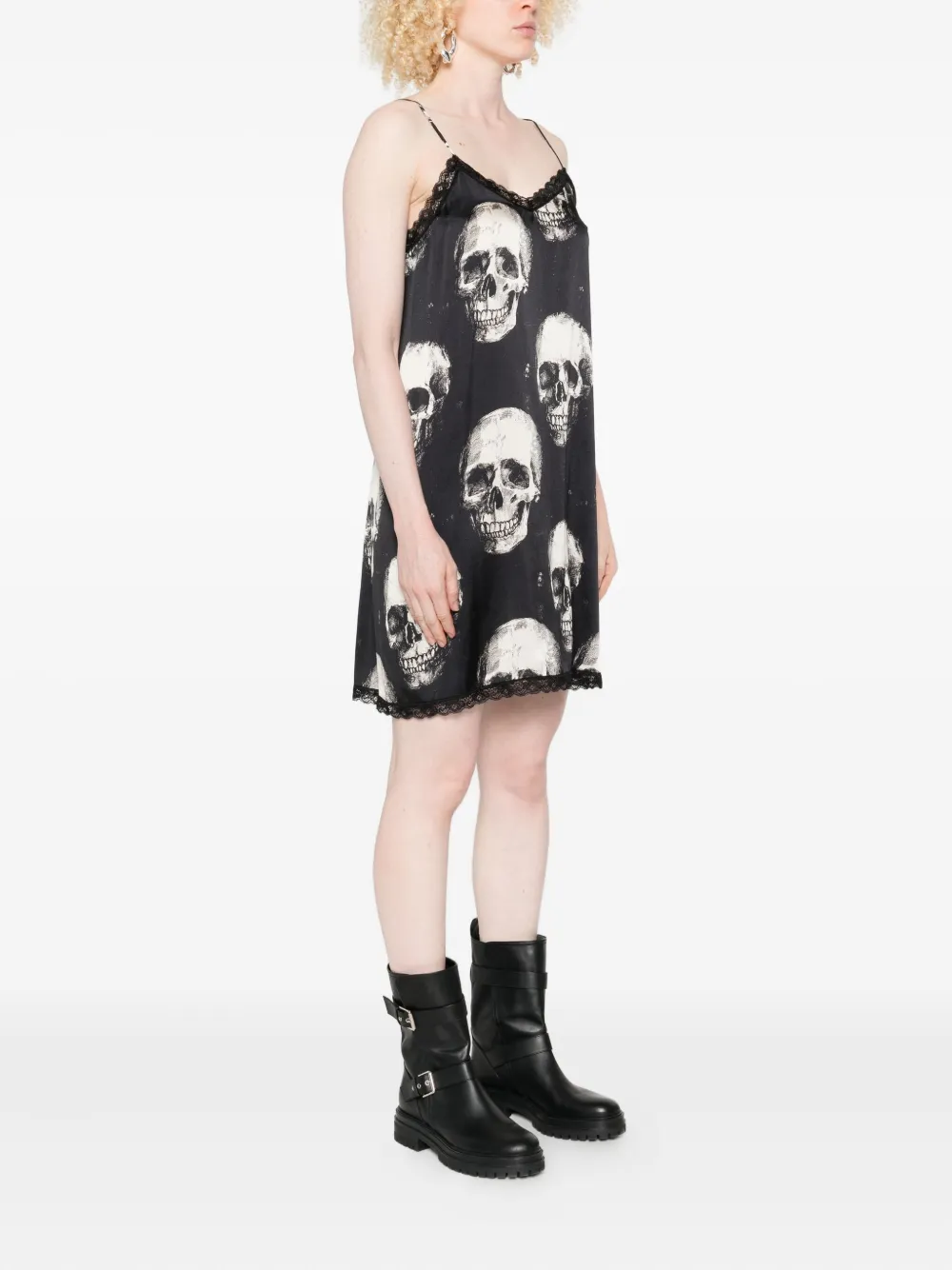 R13 Mini-jurk met doodskopprint en kanten afwerking Zwart
