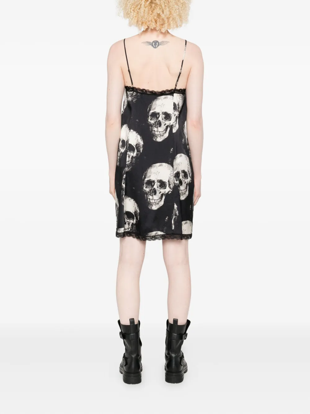 R13 Mini-jurk met doodskopprint en kanten afwerking Zwart