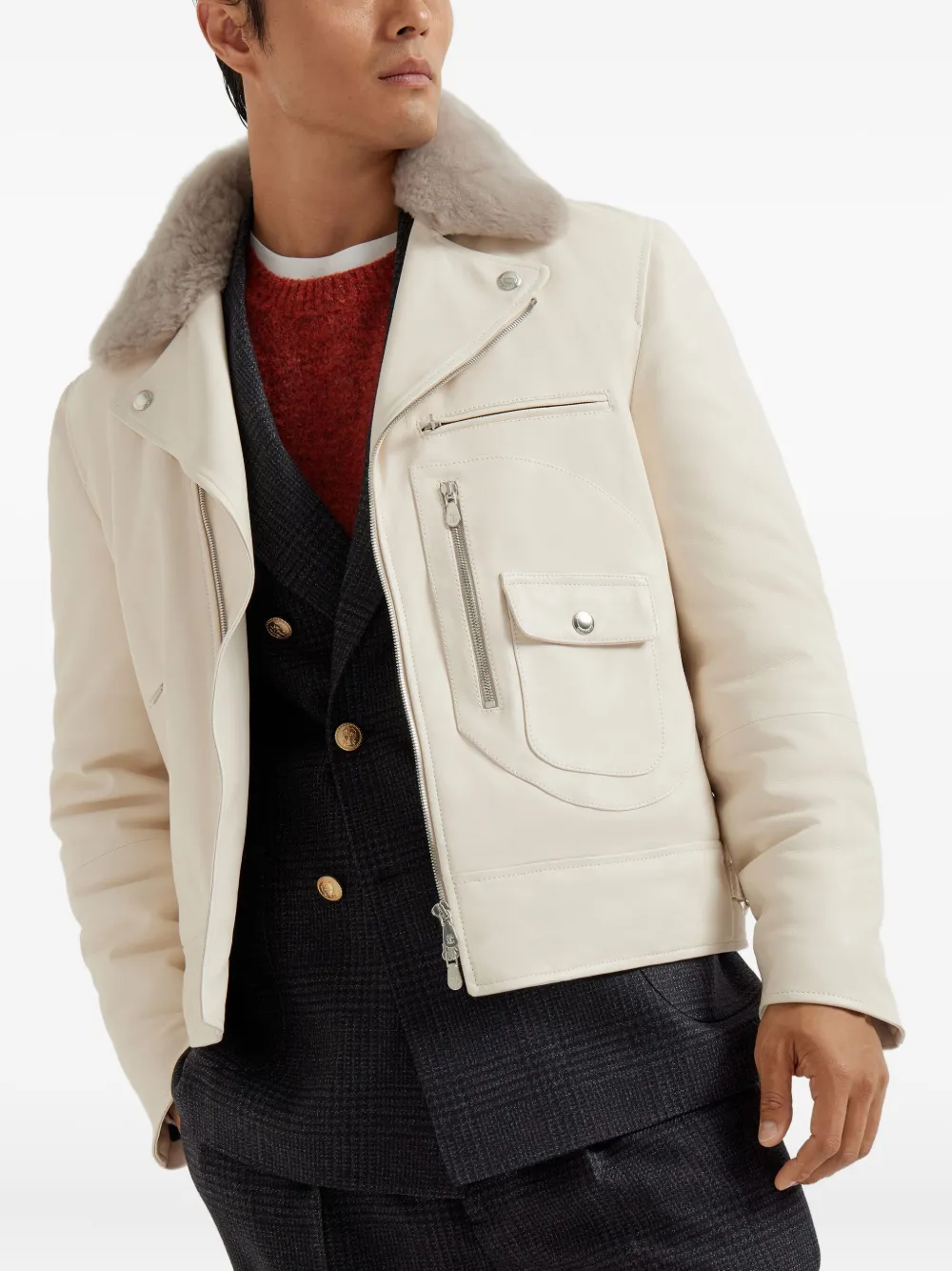 Brunello Cucinelli Leren jack met kraag Beige