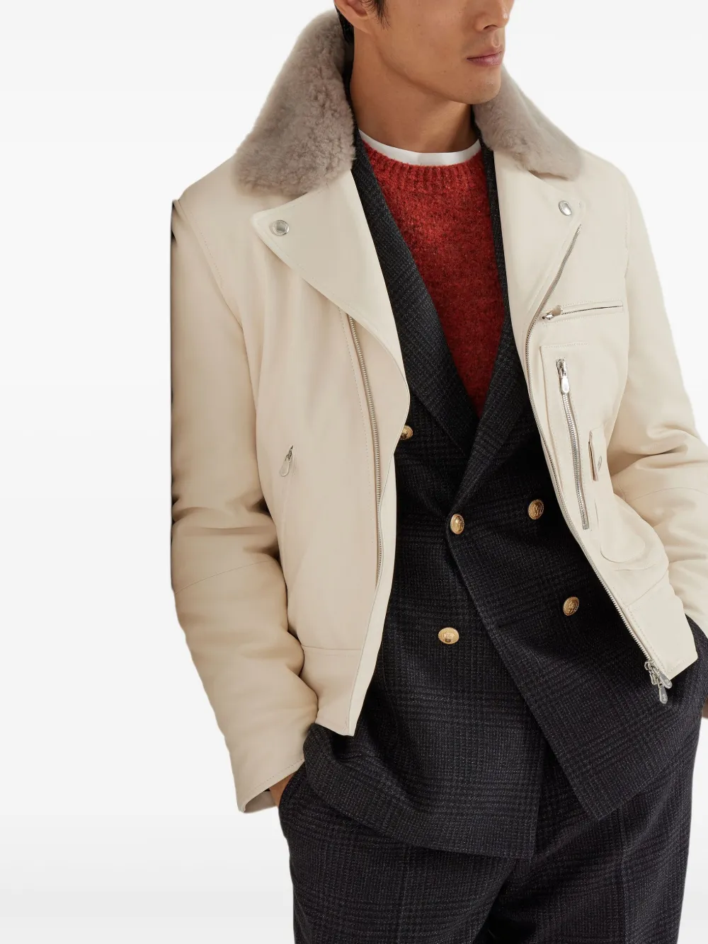 Brunello Cucinelli Leren jack met kraag Beige