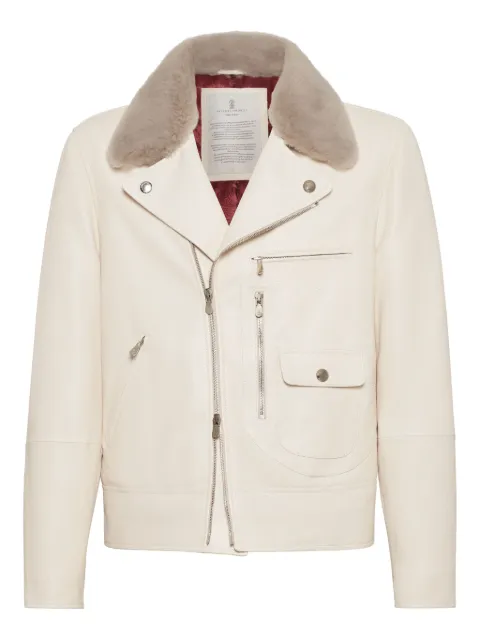 Brunello Cucinelli veste en cuir à col en fourrure