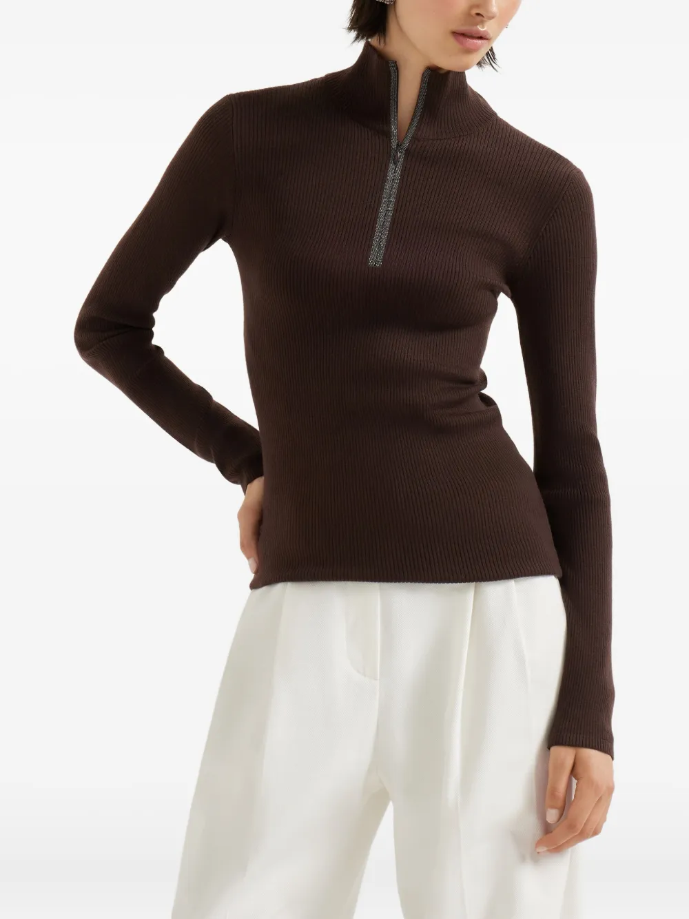 Brunello Cucinelli ribbed zip-neck sweater Bruin
