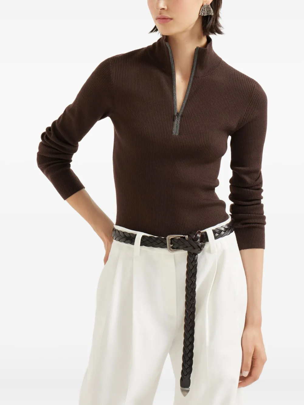 Brunello Cucinelli ribbed zip-neck sweater Bruin