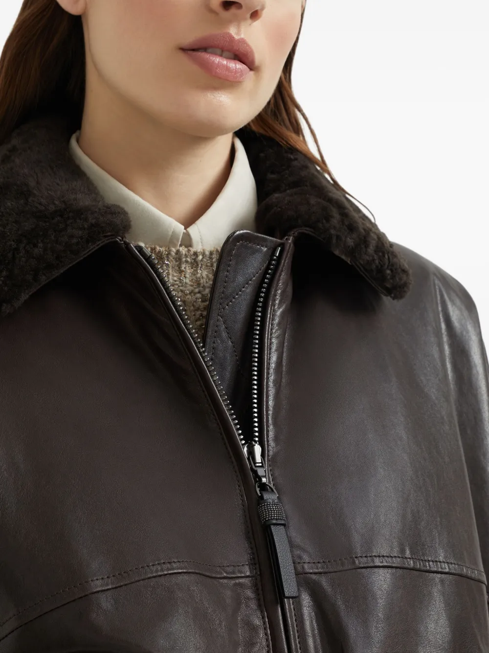 Brunello Cucinelli shearling-collar leather bomber jacket Bruin