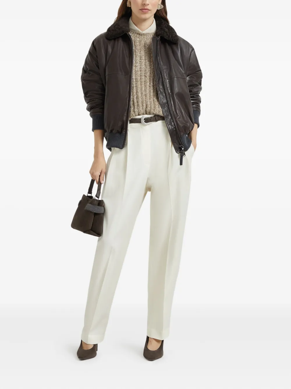 Brunello Cucinelli shearling-collar leather bomber jacket Bruin