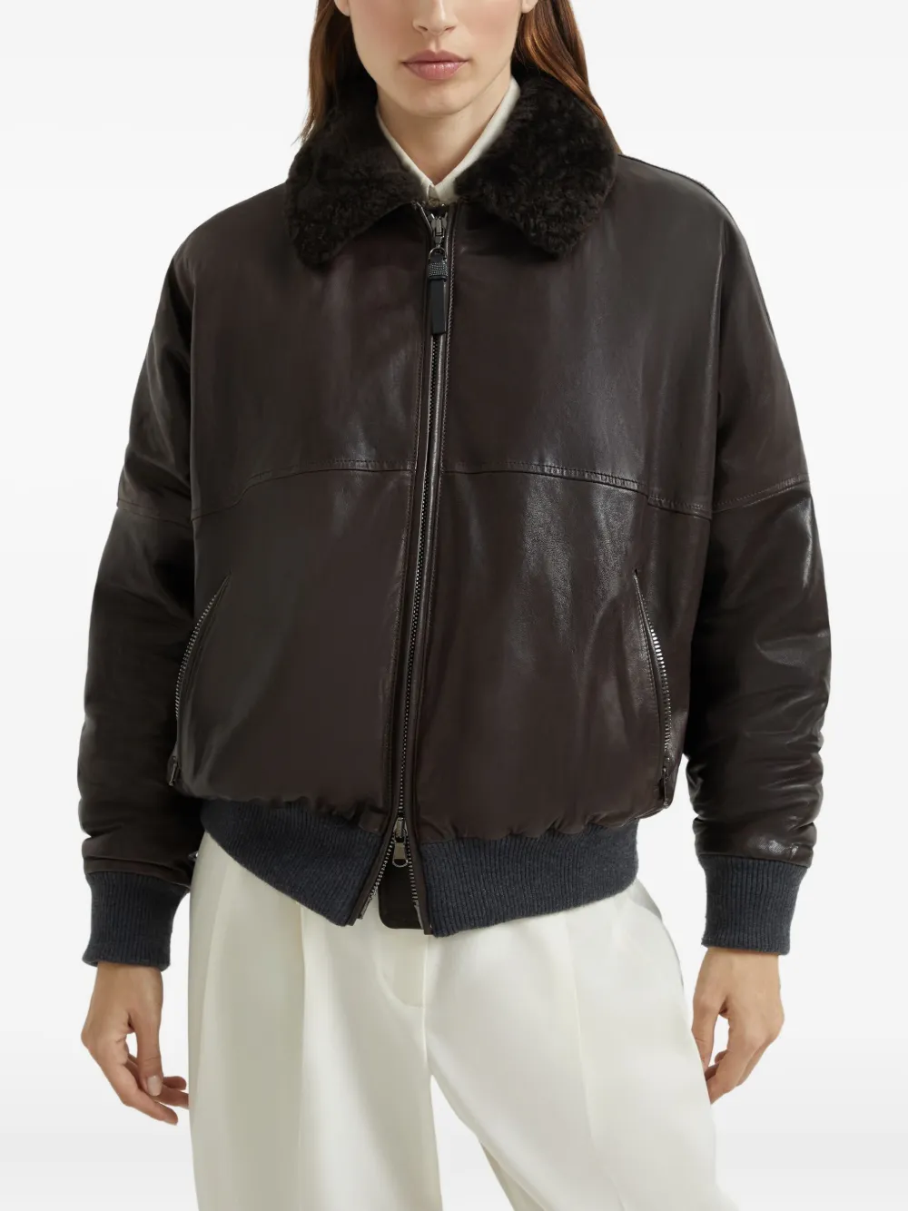 Brunello Cucinelli shearling-collar leather bomber jacket Bruin