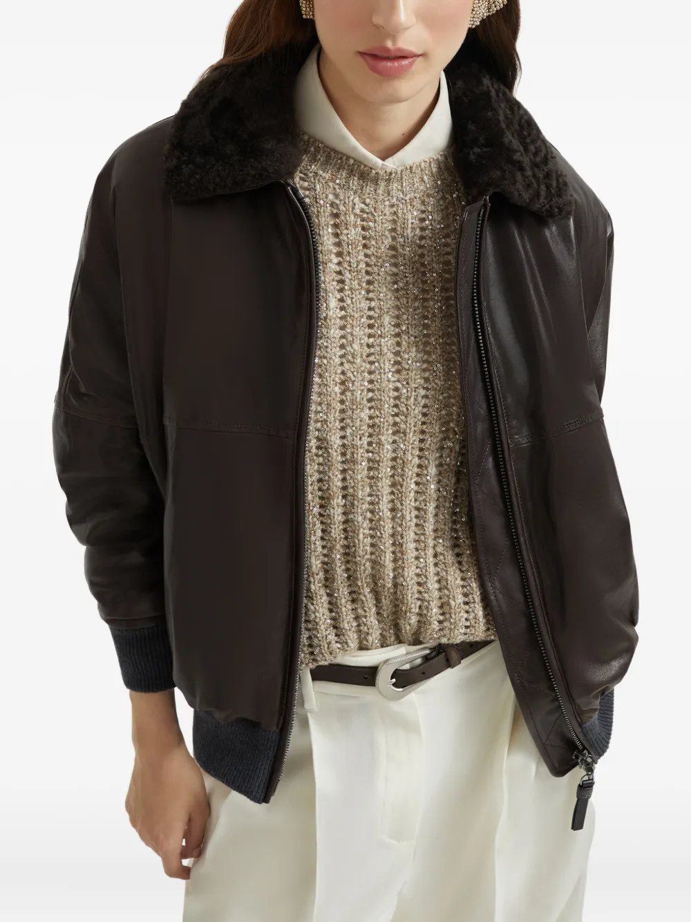 Brunello Cucinelli shearling-collar leather bomber jacket Bruin