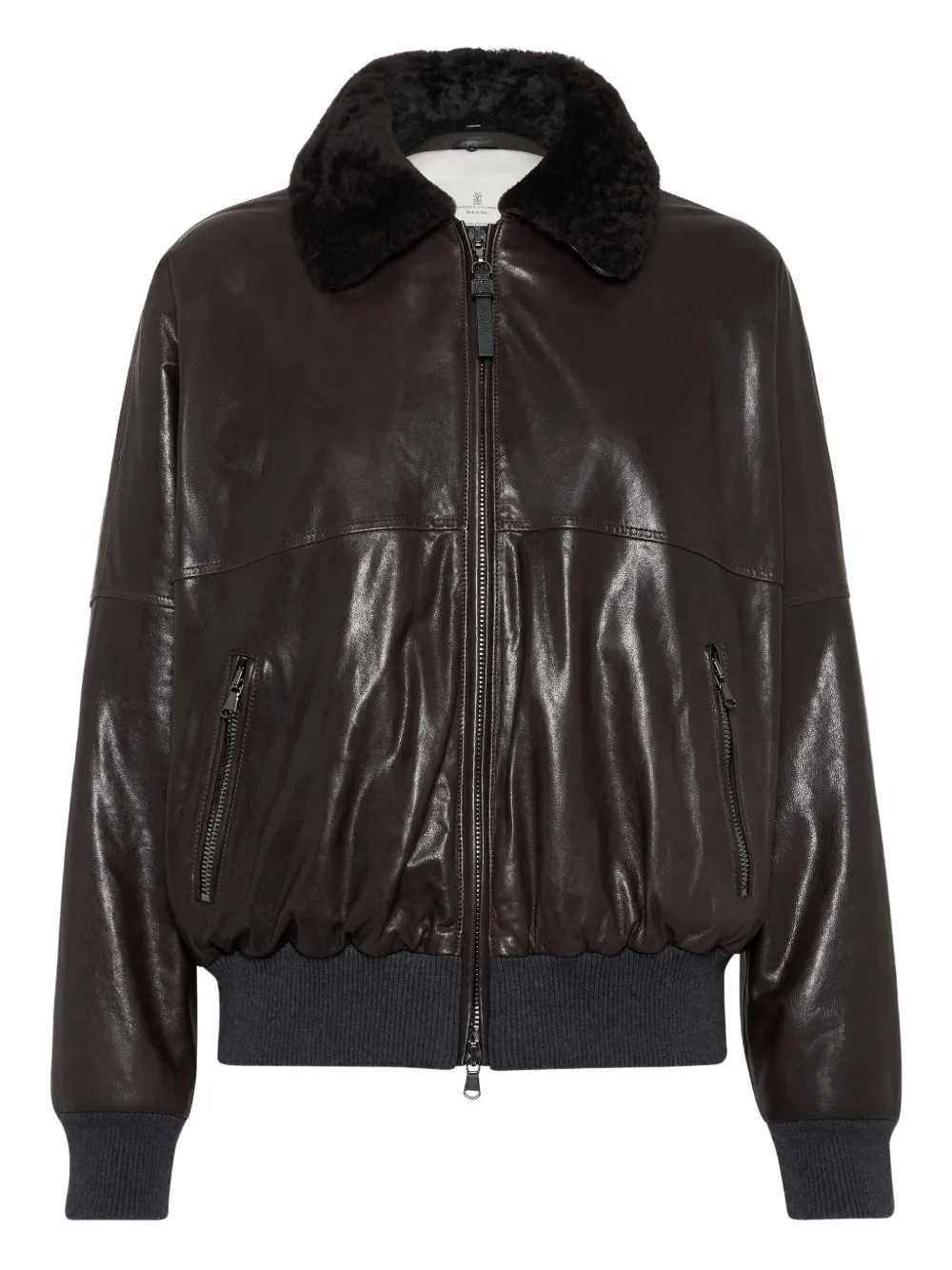 Brunello Cucinelli shearling-collar leather bomber jacket Bruin