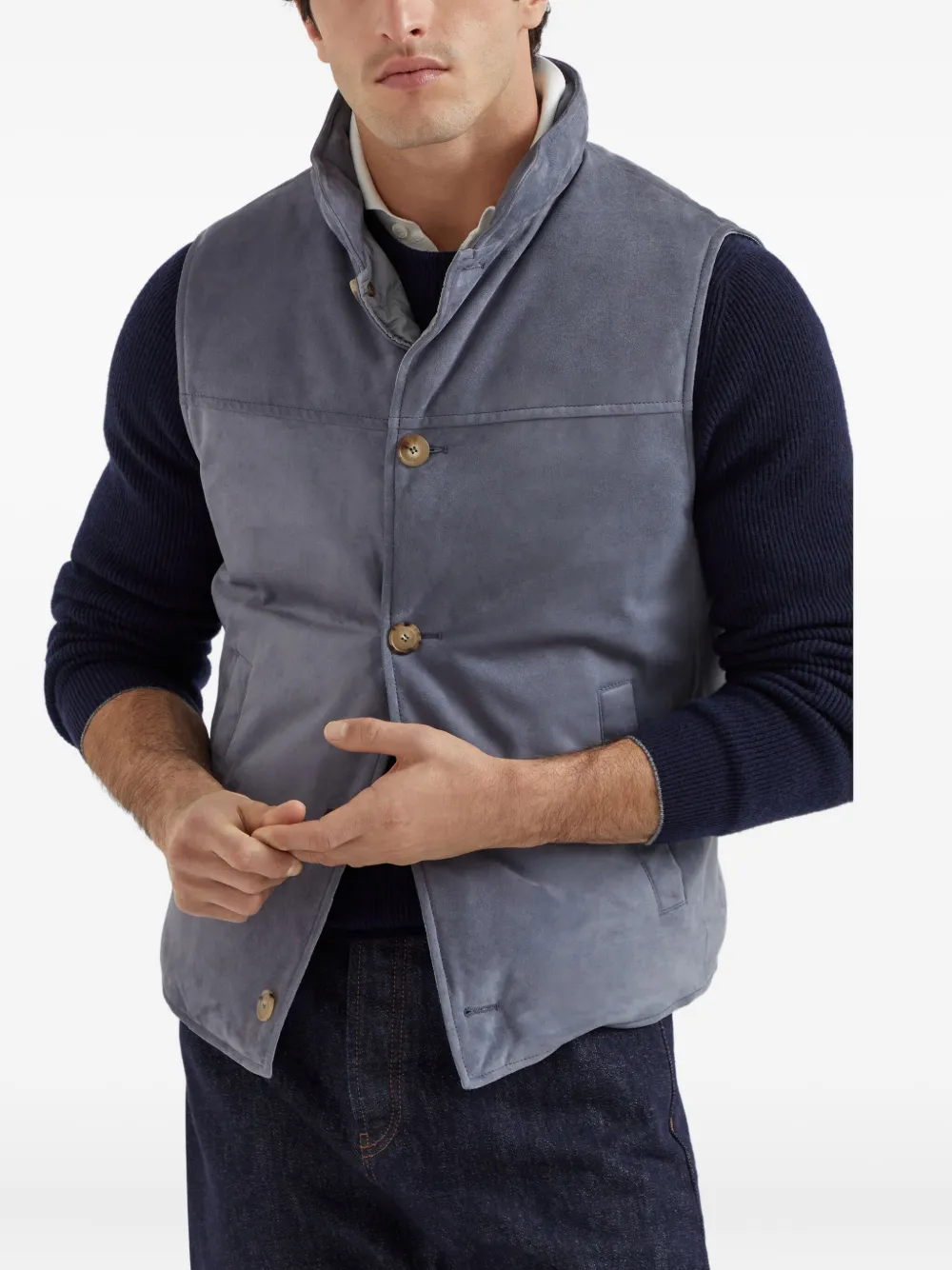 Brunello Cucinelli Suède gilet met knopen Blauw