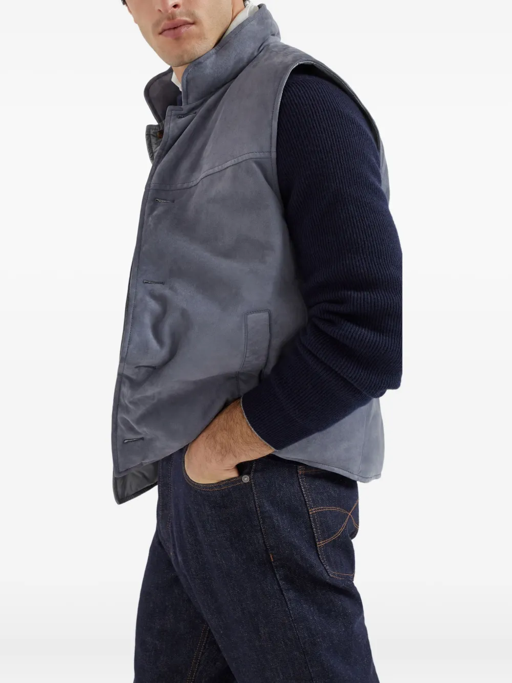 Brunello Cucinelli Suède gilet met knopen Blauw